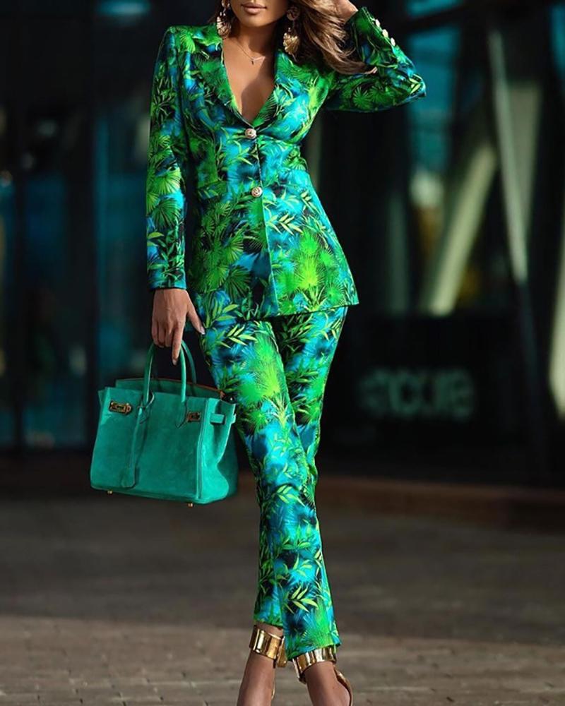 

Tropical Print / Colorblock Buttoned Blazer Coat & Pants Set, Green