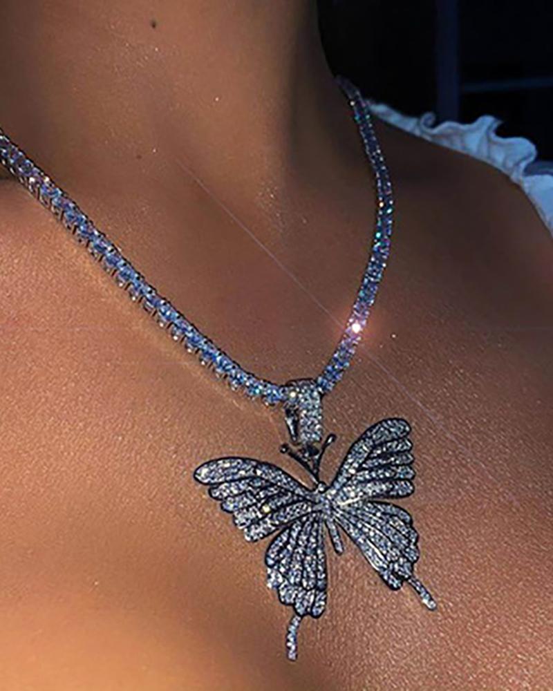 

Butterfly Pendant Rhinestone Charm Necklace, Silver