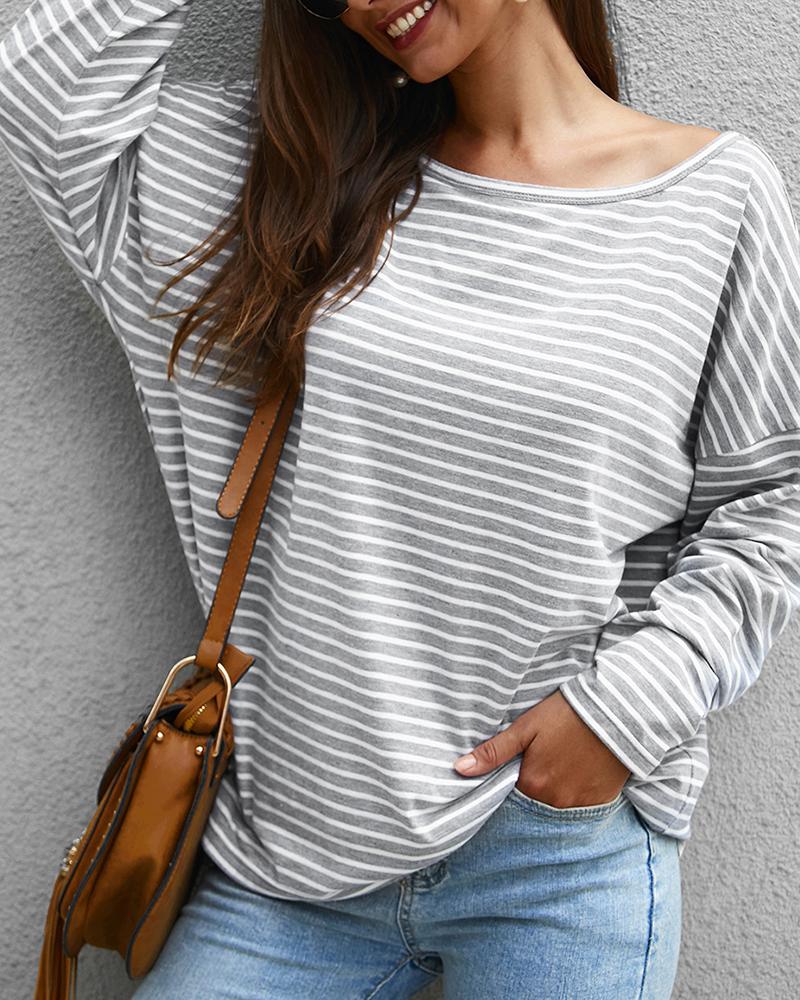 

Striped Print Long Sleeve Top, Gray