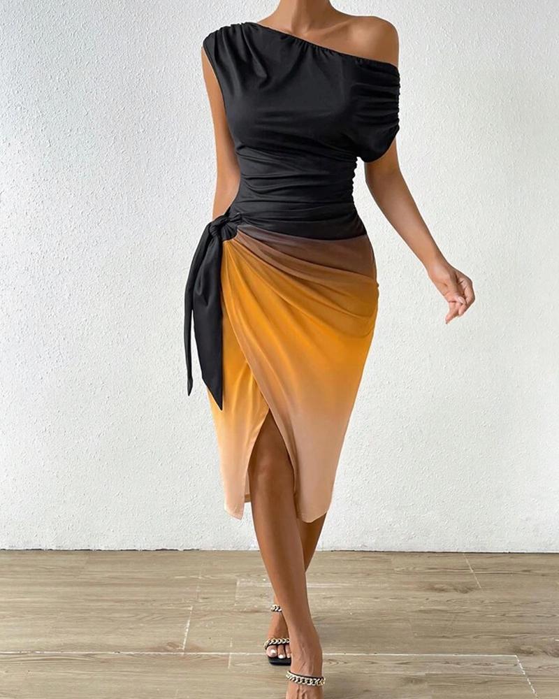 

Ombre Ruched Skew Neck Slit Party Dress, Orange