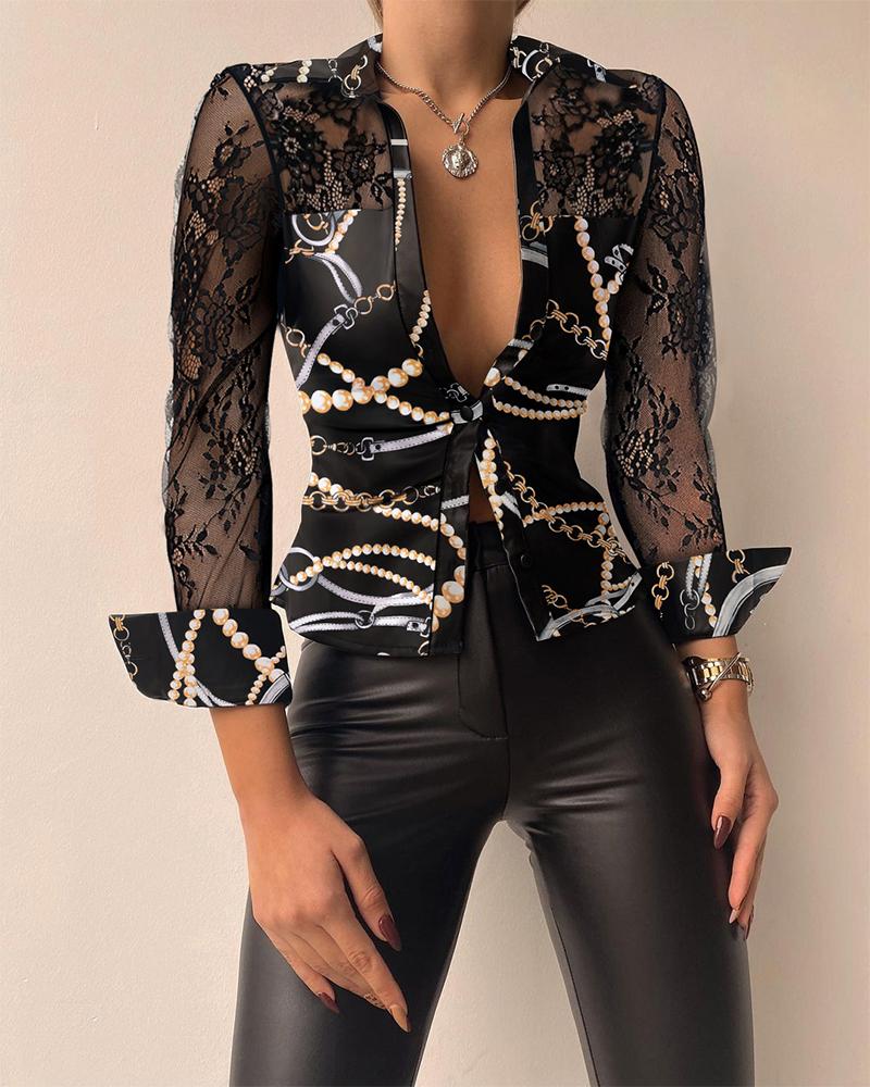 

Chain Print Contrast Lace Button Down Satin Shirt, Black