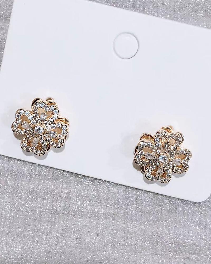 

1Pair Lucky Rhinestone Clover Shaped Spin Earrings, Gold