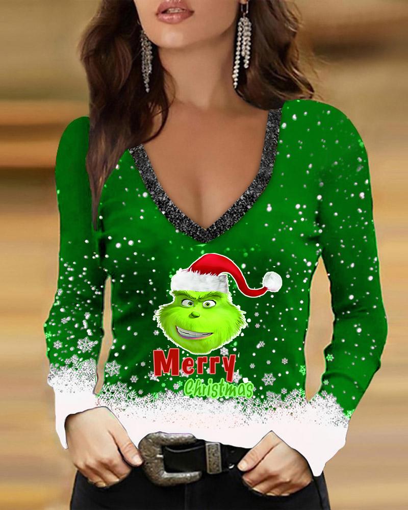 

Merry Christmas Cartoon Print V-Neck Top Long Sleeve Casaul Shirt, Green