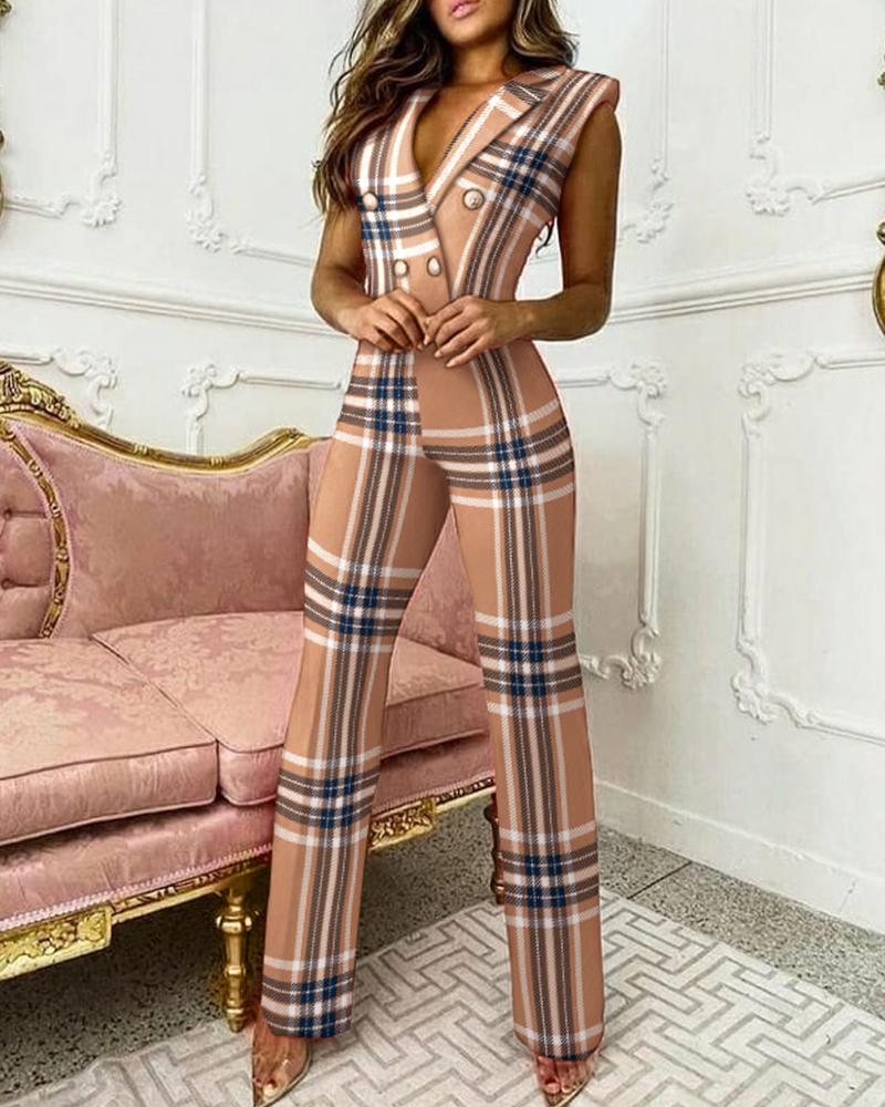 

Plaid Print Double Breasted Sleeveless Blazer Jumpsuit, Khaki