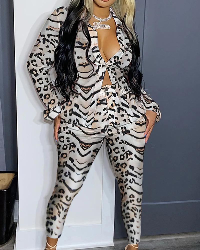 

Leopard Print Cutout Sexy Shirt & Pocket Design Pants Set
