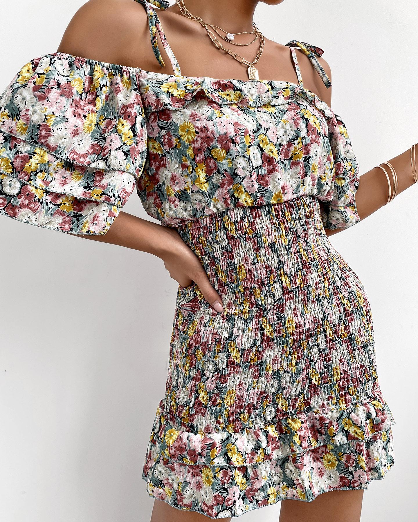 

Cold Shoulder Floral Print Shirring Detail Ruffles Dress, Multicolor