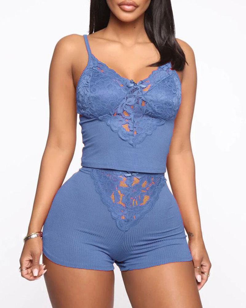 

Eyelash Lace Bowknot Decor Cami Set, Blue