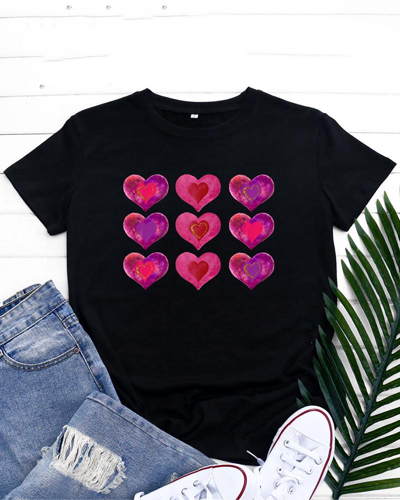 

Valentine' Day Heart Print Short Sleeve O-Neck Top, Black