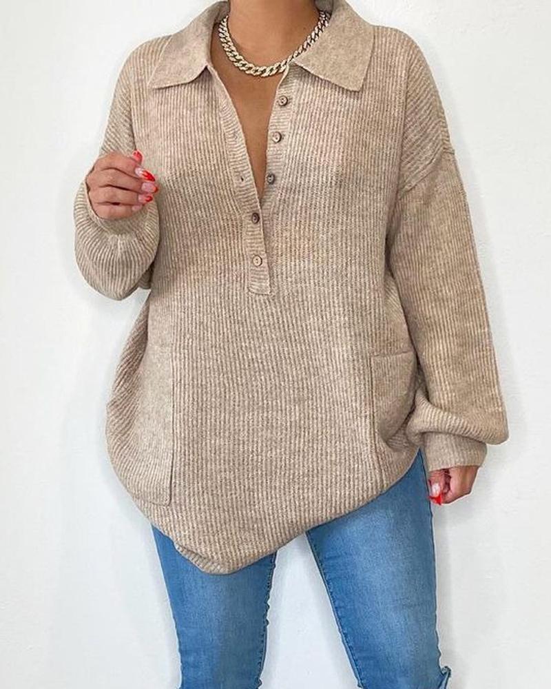 

Pocket Design Button Front Long Sleeve Sweater, Khaki