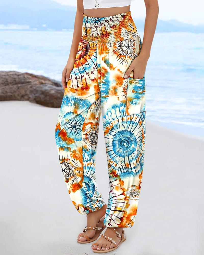 

Tie Dye Print Shirred High Waist Cinched Hem Long Pants Vacation Pants with Pocket, Orange