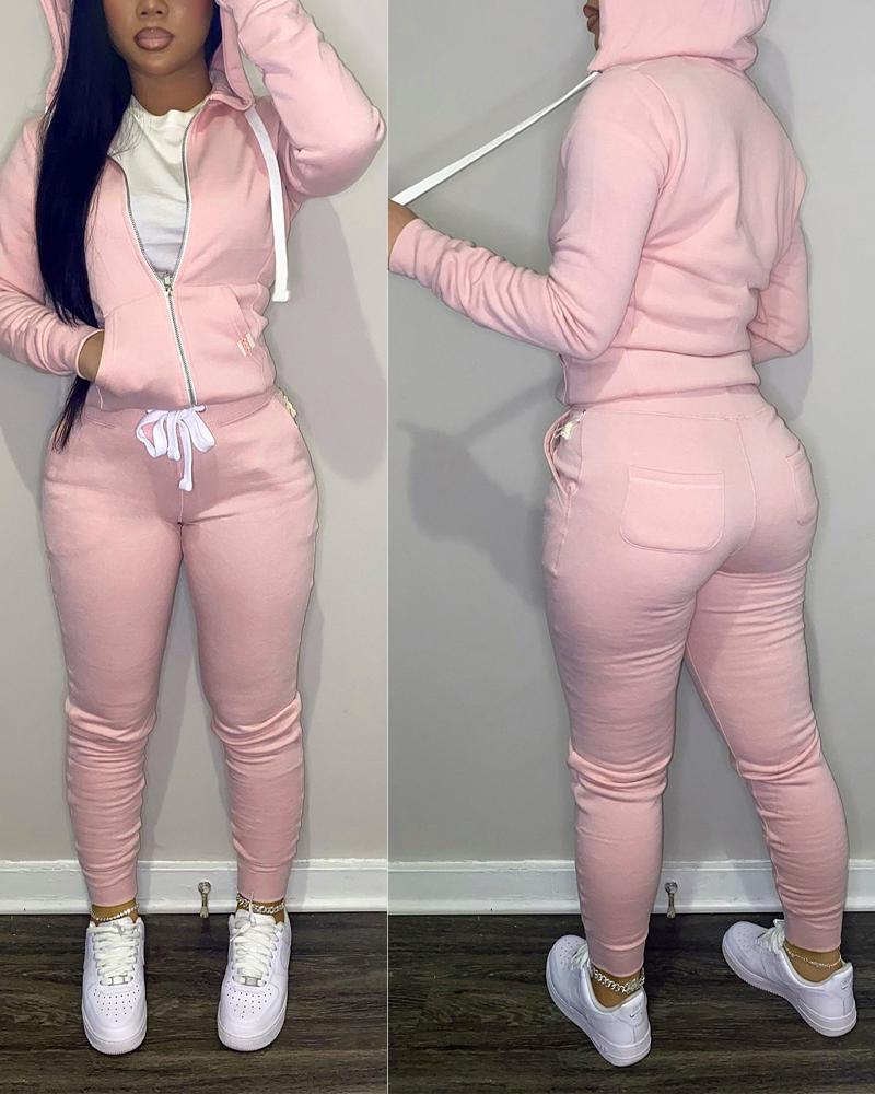 

Long Sleeve Zip Up Hooded Top & Drawstring Pants Set, Pink