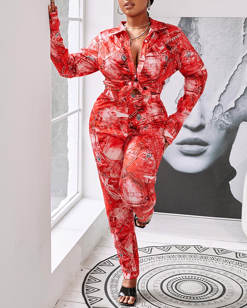 

Plus Size Graphic Print Bell Sleeve Top & Pants Set, Red