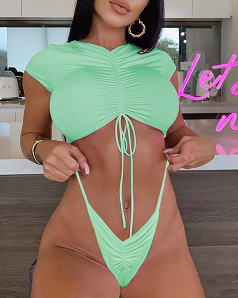 

Plain Short Sleeve Drawstring Bikini Set, Green