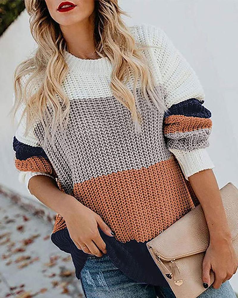 

Colorblock Knit Long Sleeve Sweater, Brown