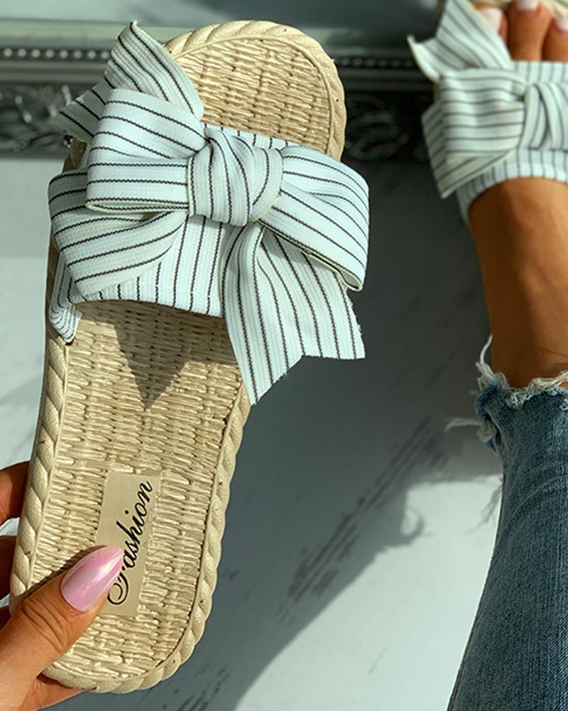 

Striped Bowknot Decor Woven Flax Flat Sandals, White