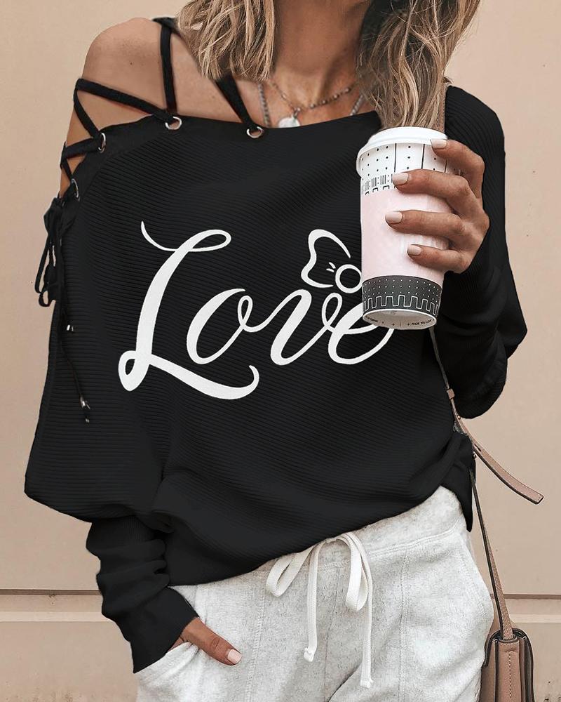 

Eyelet Lace-up Cold Shoulder Letter Print Top, Black