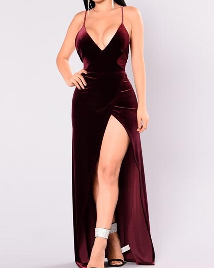 

Spaghetti Strap High Slit Velvet Evening Dress, Wine red