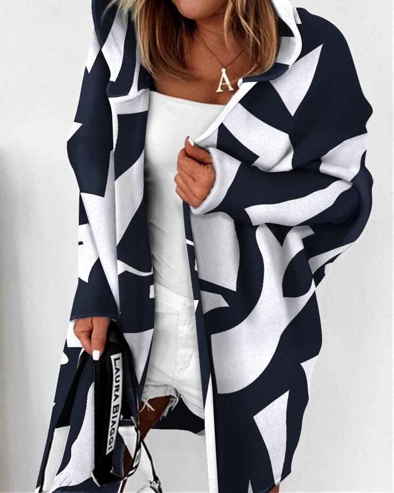 

Geometric Print Hooded Long Sleeve Coat, Black