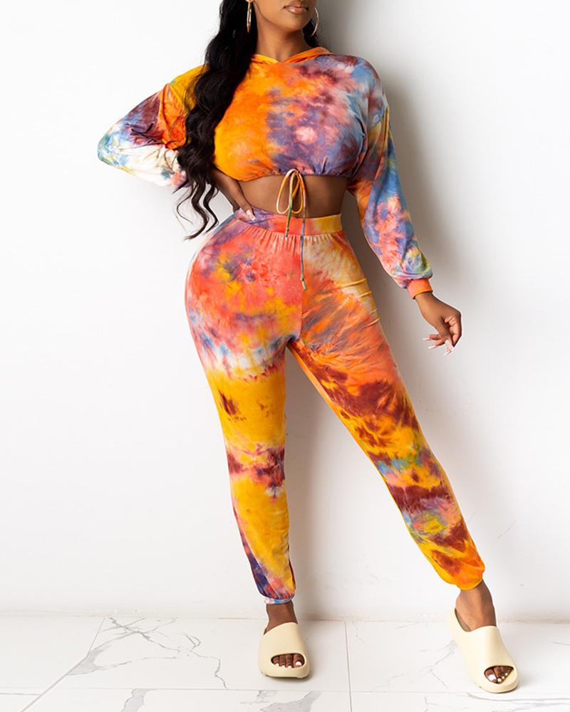 

Tie Dye Print Hooded Top & High Waist Pants Set, Orange