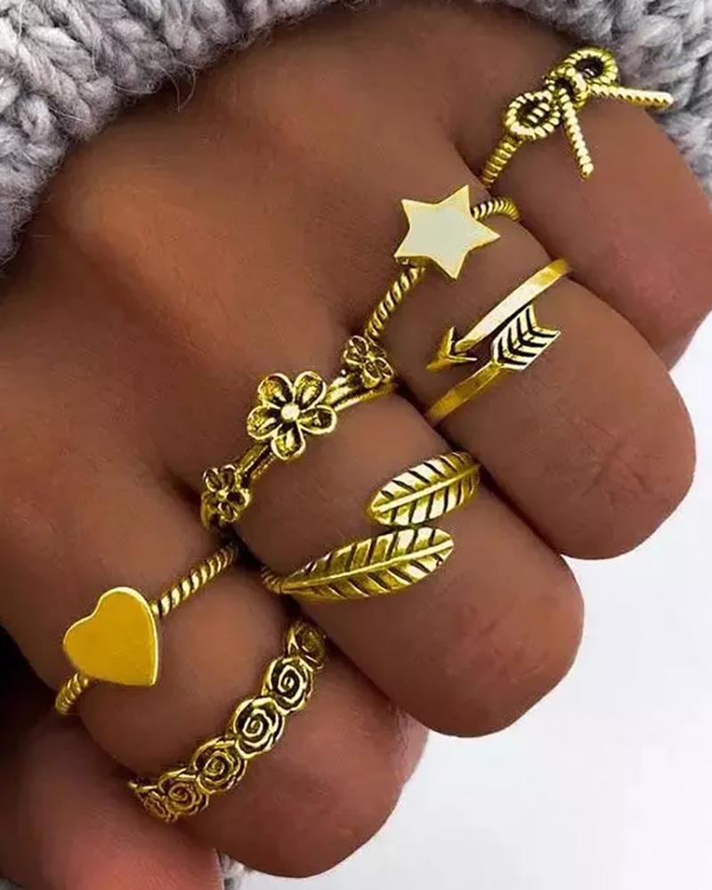 

7pcs Leaf Floral Heart Star Pattern Rings Set, Gold