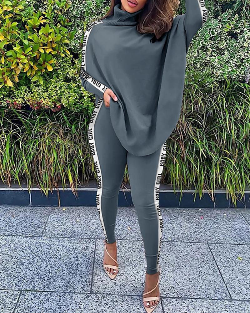 

Letter Tape Batwing Sleeve Top & Skinny Pants Set, Gray