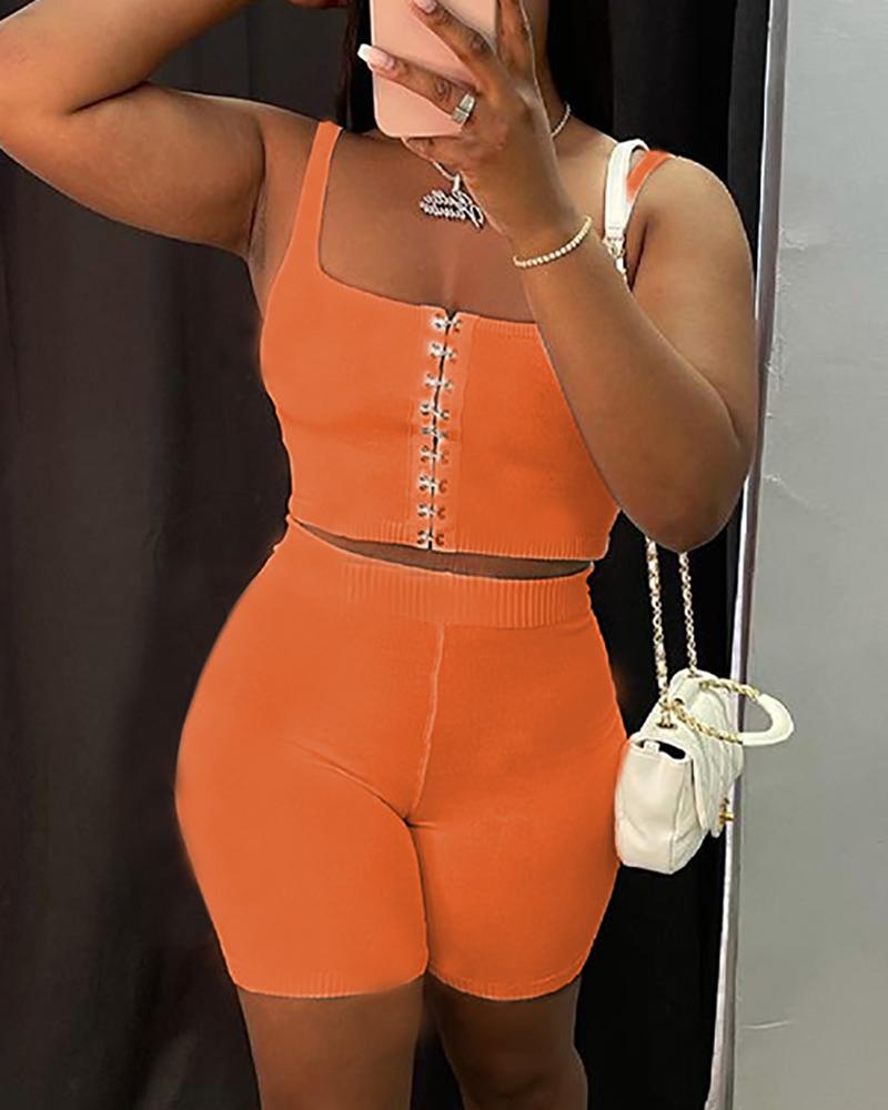 

Hook & Eye Front Crop Tank Top & Shorts Set, Orange
