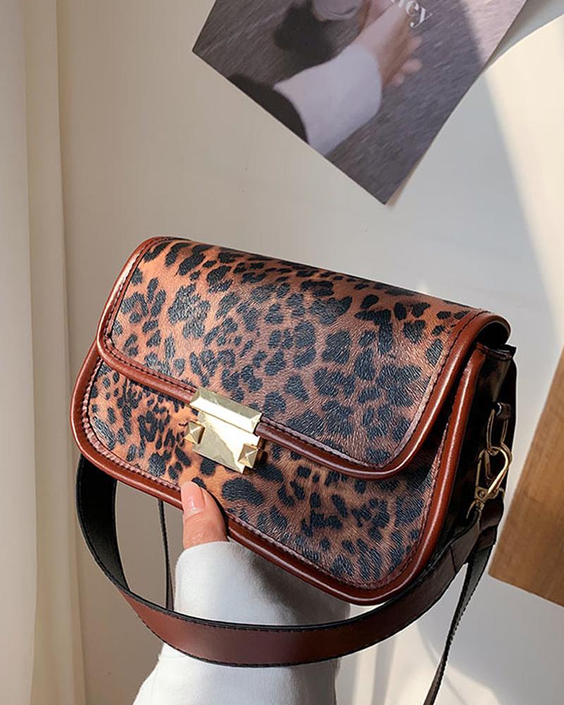 

Leopard Print Lock Flap Shoulder Bag, Brown