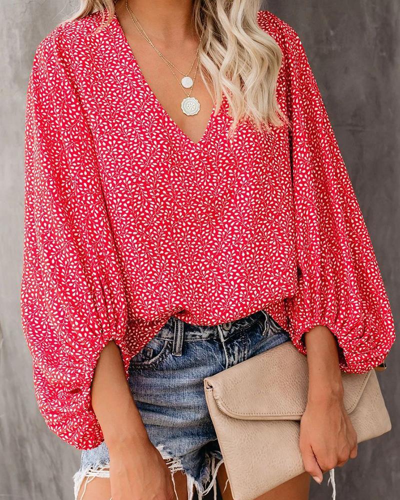 

All Over Print V-Neck Lantern Sleeve Top, Red