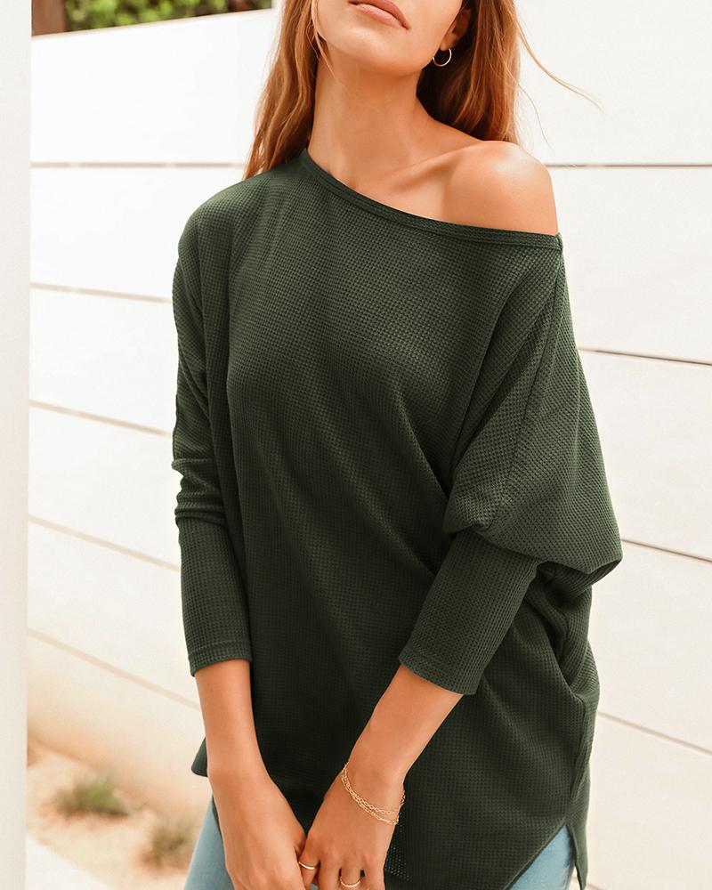 

Round Neck Long Sleeve Slit Waffle Knit Top, Green