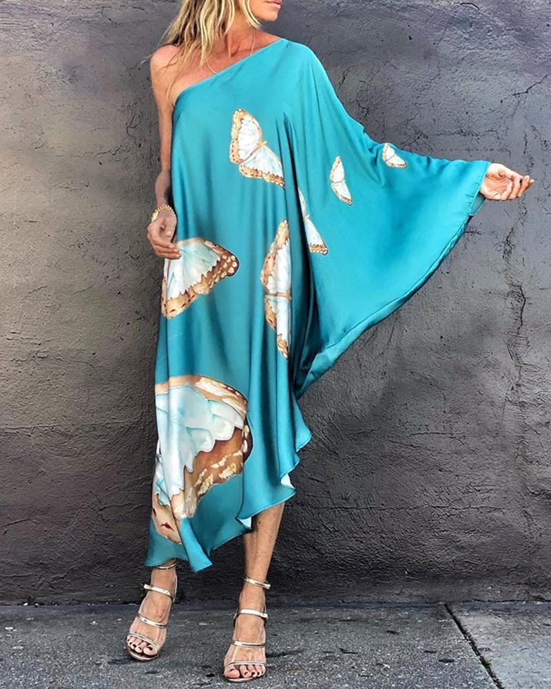 

Butterfly Print One Shoulder Asymmetrical Maxi Dress, Blue