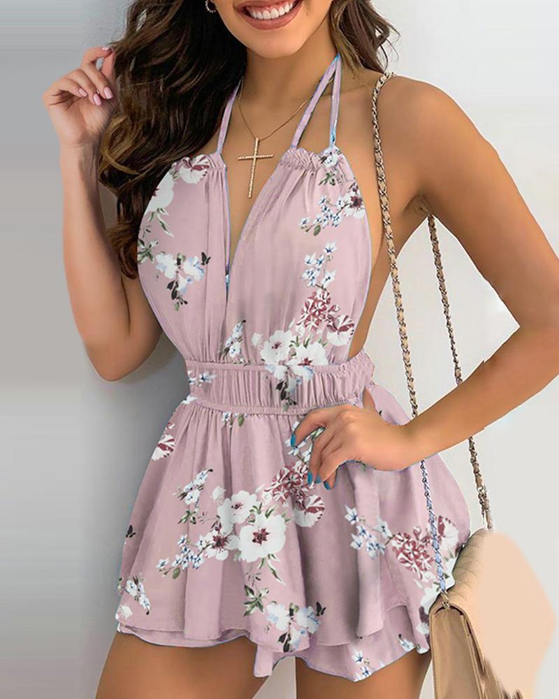 

Backless Floral Print Halter Spaghetti Strap Dress, Pink