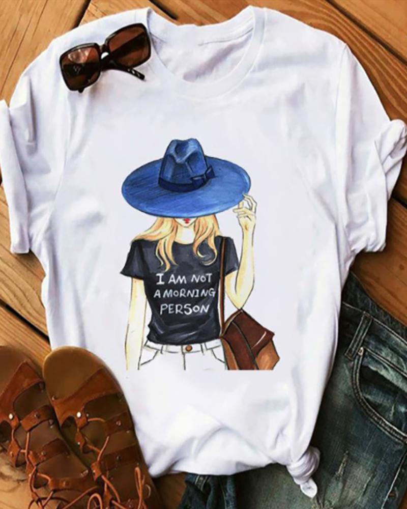 

Lip / Letter / Floral / Figure / Graphic Print Round Neck T-Shirt, Style6