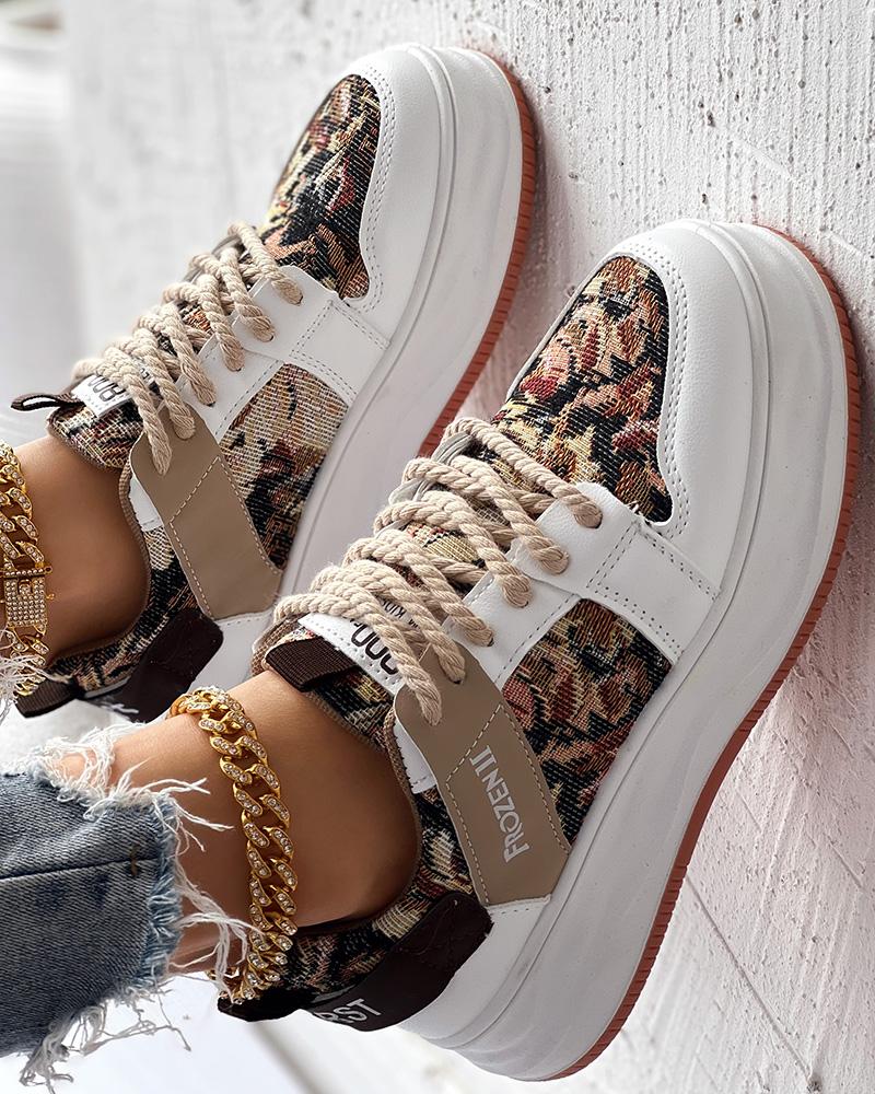 

Vintage Floral Pattern Lace-up Sneakers, Brown