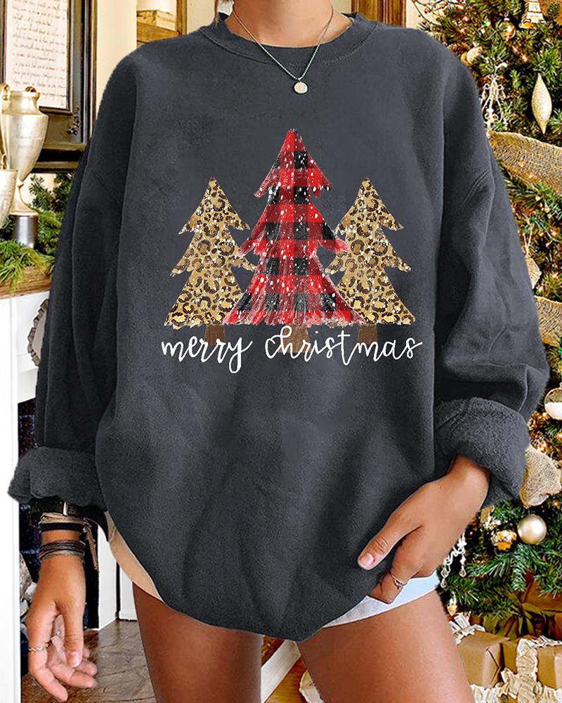 

Christmas O-neck Letter Tree Cheetah Plaid Print Sweatshirt, Gray