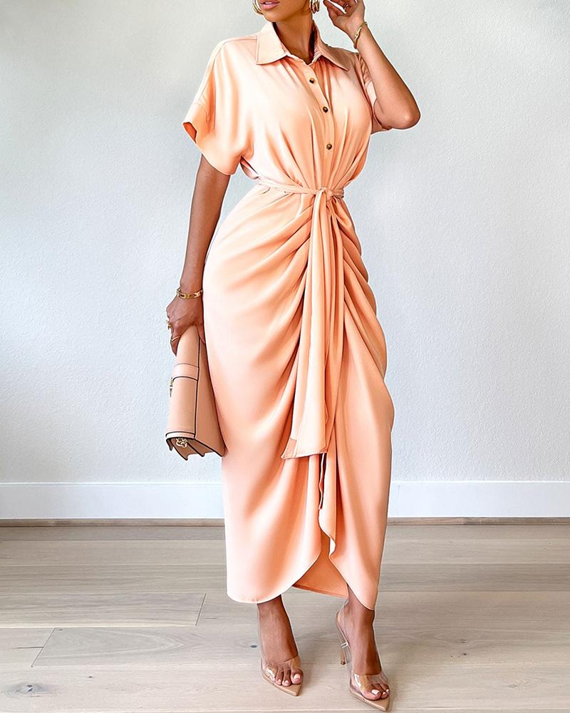 

Buttoned Ruched Short Sleeve Shirt Dress With Belt, Pink