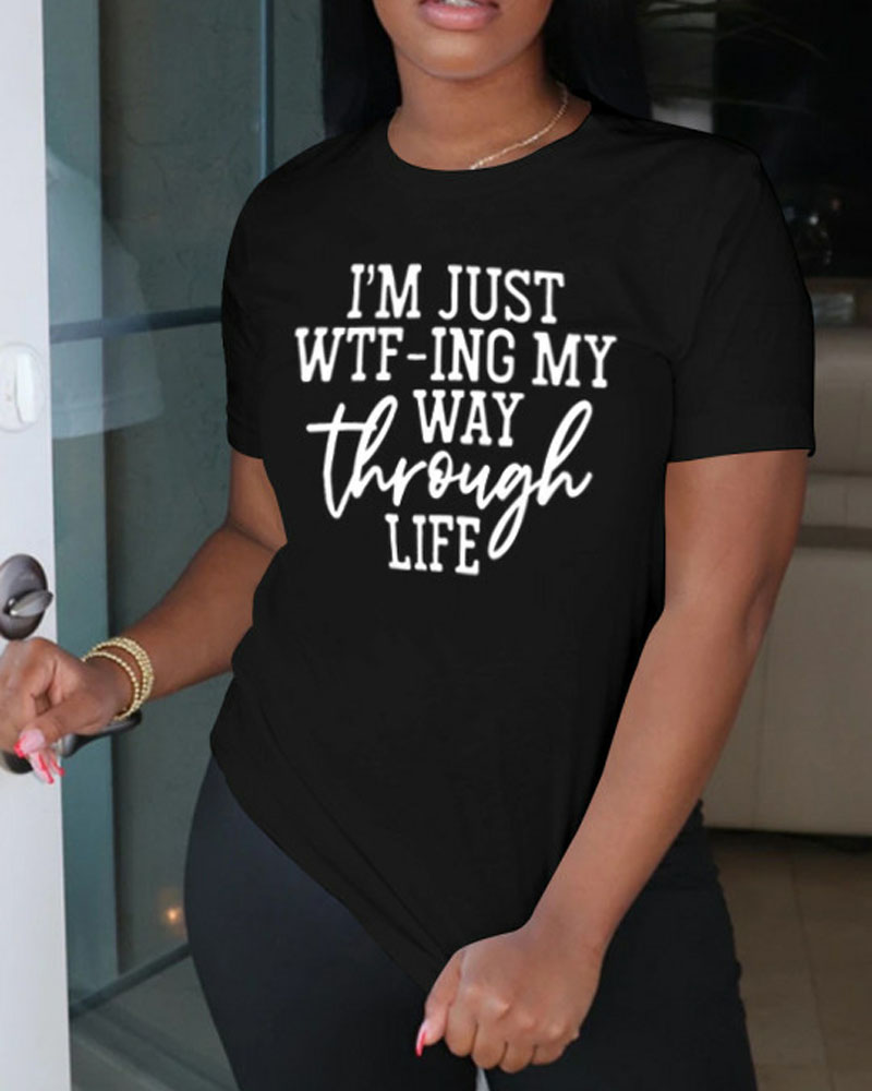 

Letter Print Short Sleeve Casual T-shirt, Black