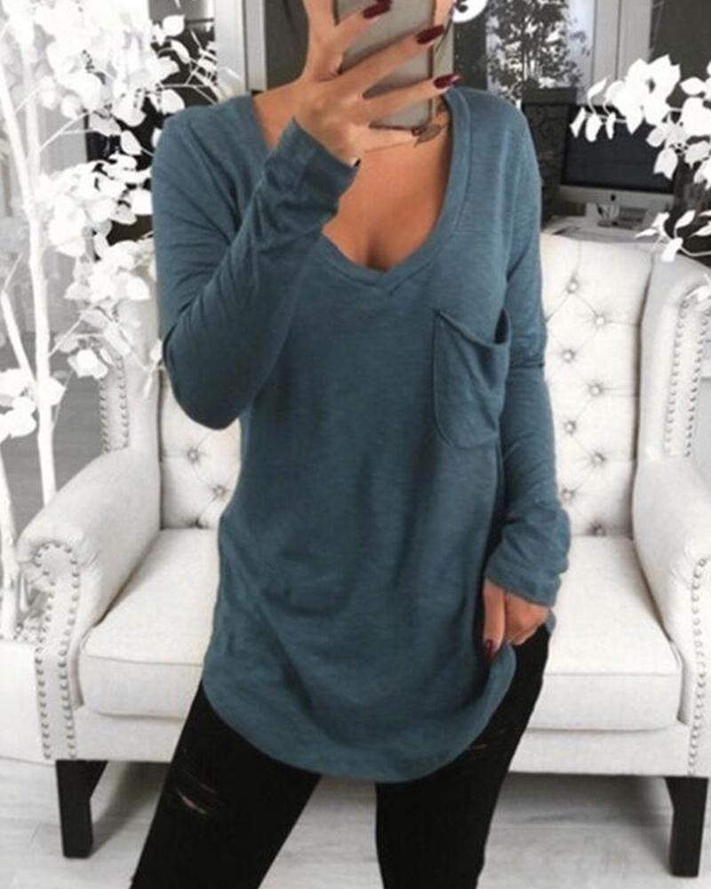 

Long Sleeve Pocket Plunge Top, Dark blue