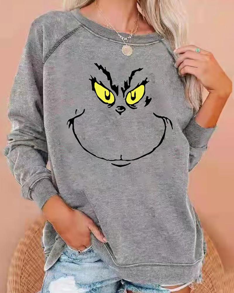 

Christmas Long Sleeve Grinches Print Sweatshirt, Gray