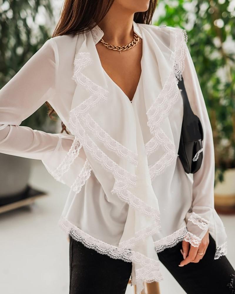 

Lace Trim Ruffles Bell Sleeve Top, White