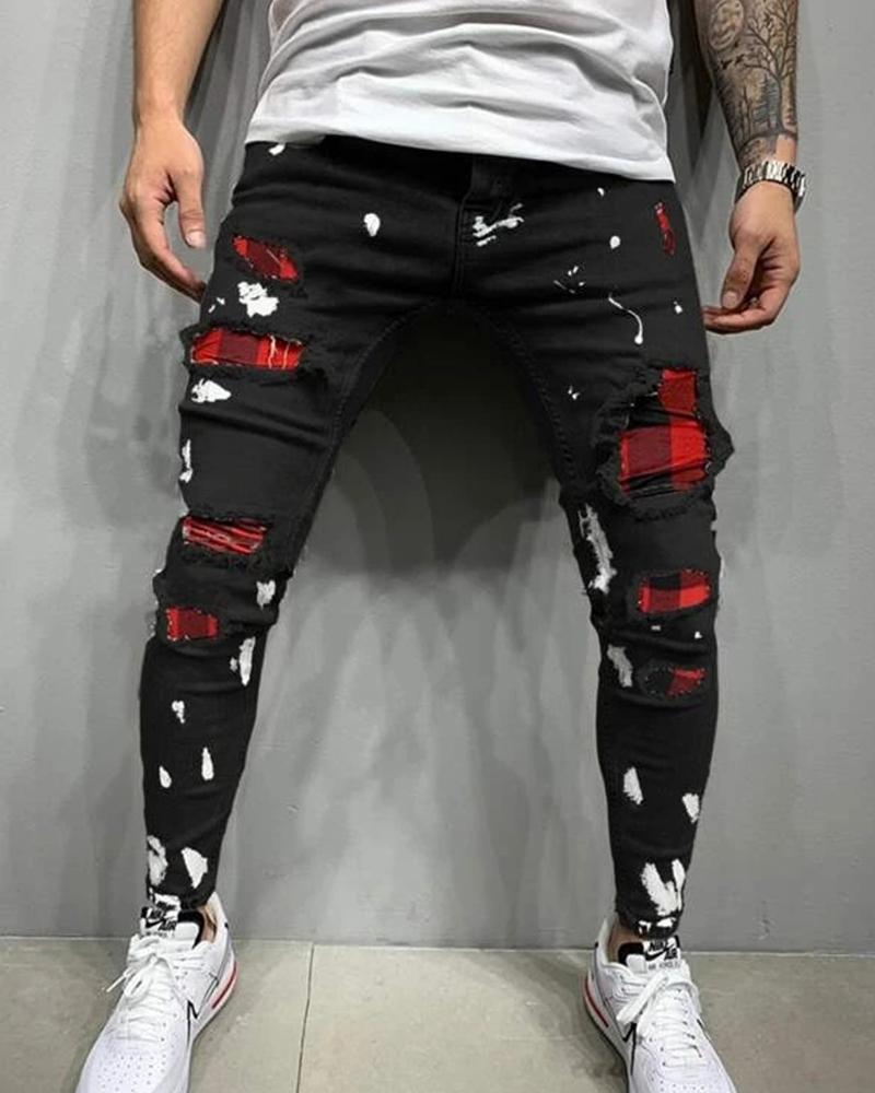 

Color Block Patchwork Ripped Skinny Jeans, Black