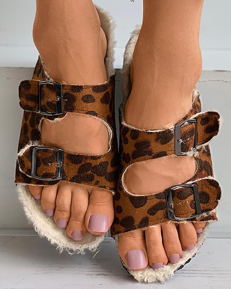 

Plain / Cheetah Print Buckle Fluffy Flat Sandals, Leopard