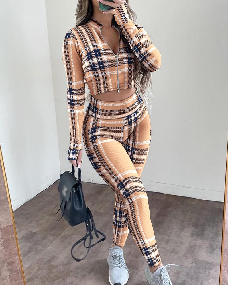 

Plaid Print Zipper Up Thumb Hole Crop Top & Skinny Pants Set, Brown