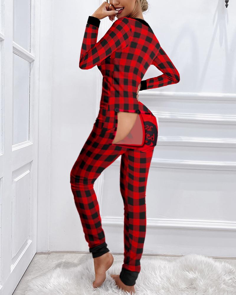 

Functional Buttoned Flap Plaid Adults Pajamas, Red