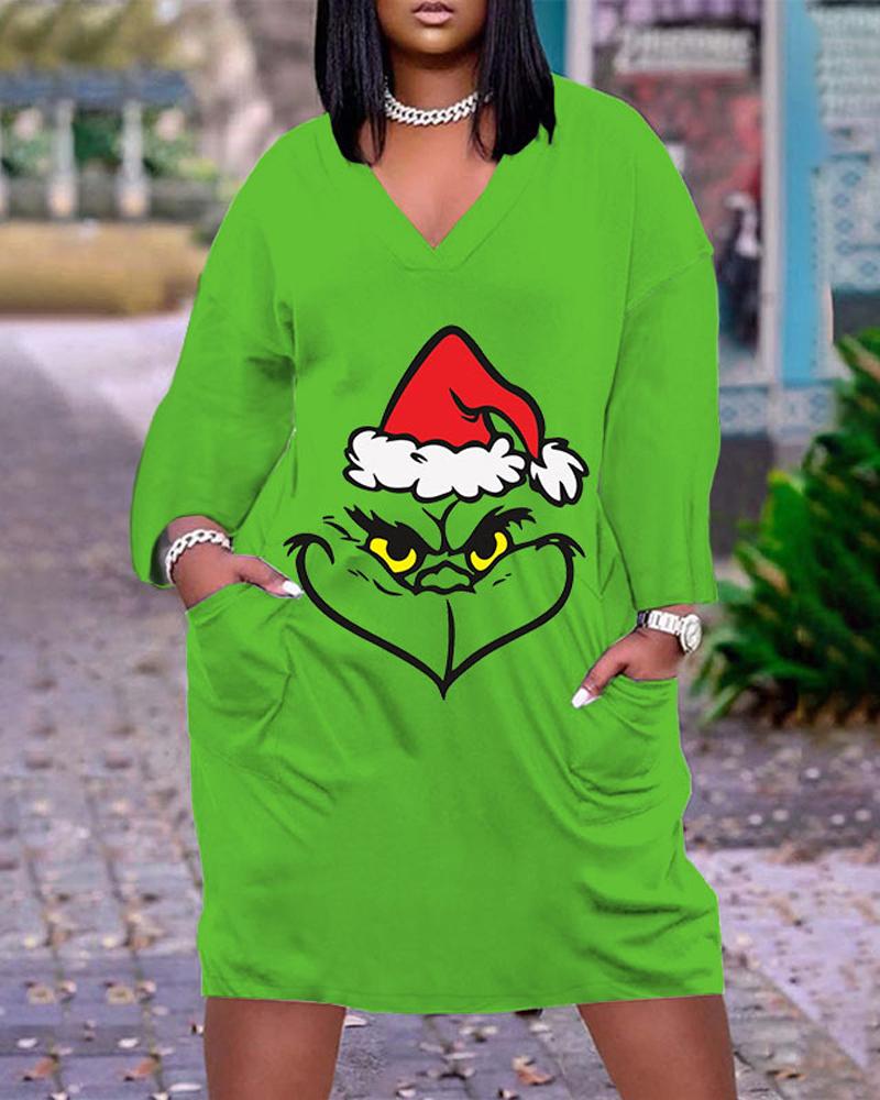 

Plus Size Grinch Stole Christmas Print Casual Dress, Green
