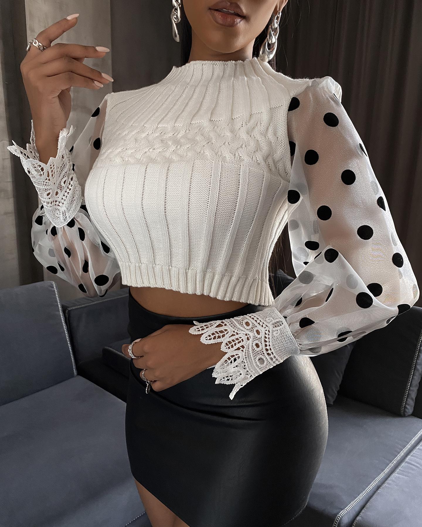 

Dot Mesh Lace Knit Top, White