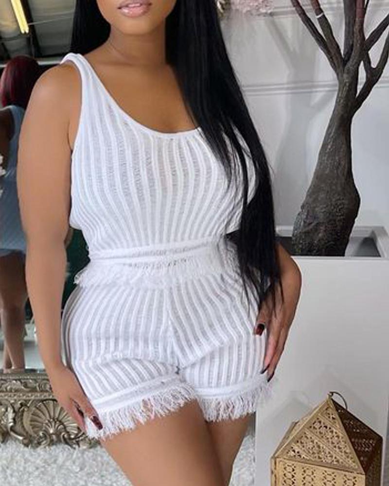 

Tassel Trim U-Neck Tank Top & Shorts Set, White