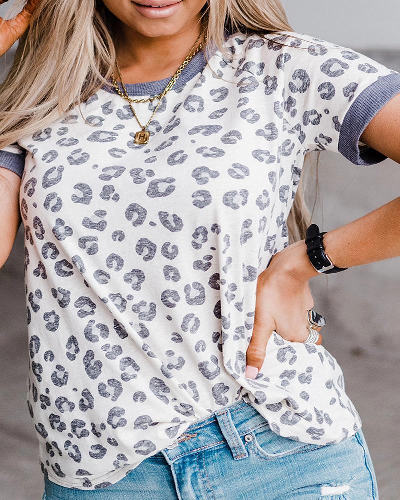 

Leopard Print Contrast Binding Colorblock T-Shirt, Blue