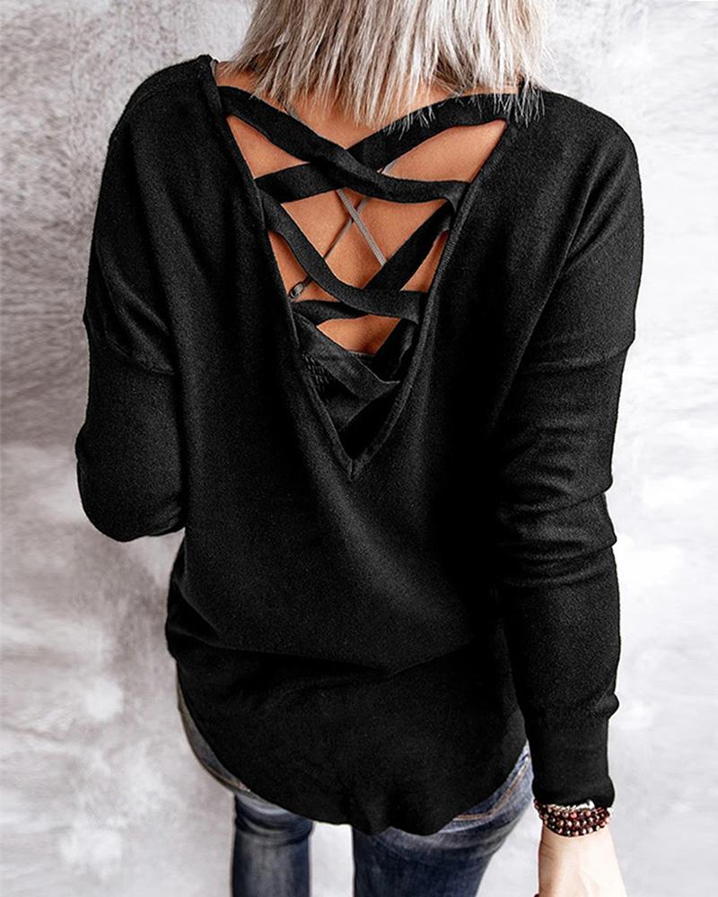 

Solid Color Hollow-out Long Sleeve Blouse, Black
