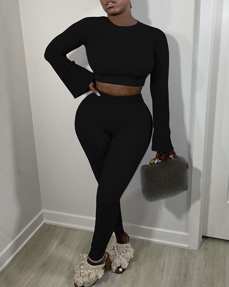 

Long Sleeve Crop Top & Skinny Pants Sets, Black