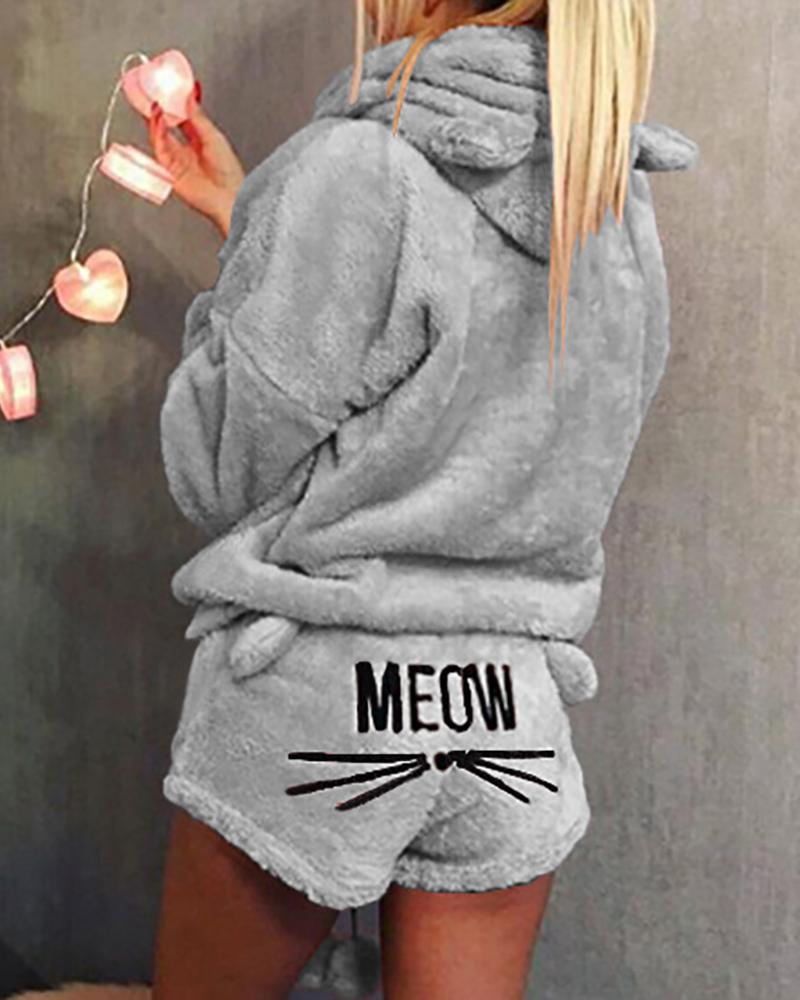 

Fluffy Hooded Coat & Short Sets, Gray